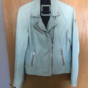 Mint green leather moto jacket